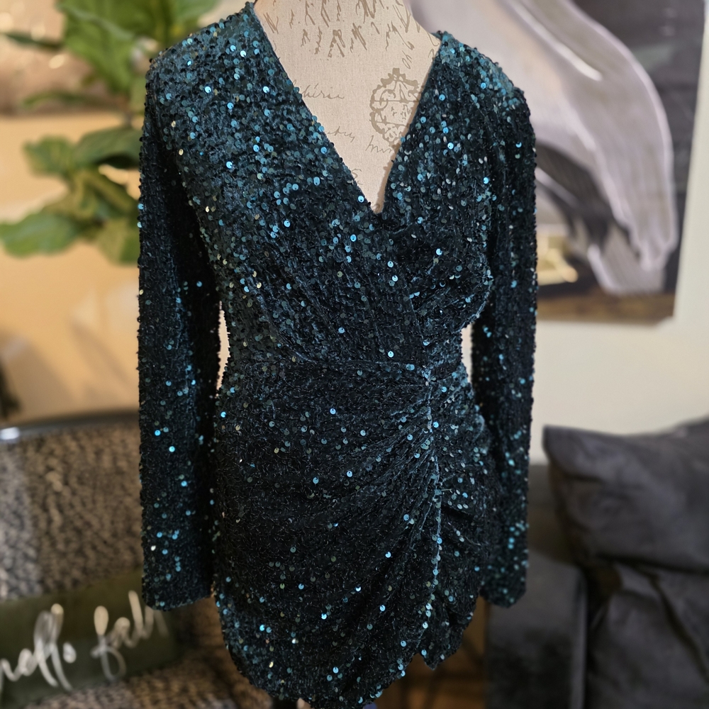 Emerald Green Velvet Sequin Long Sleece Faux Wrap Stretchy Mini Dress